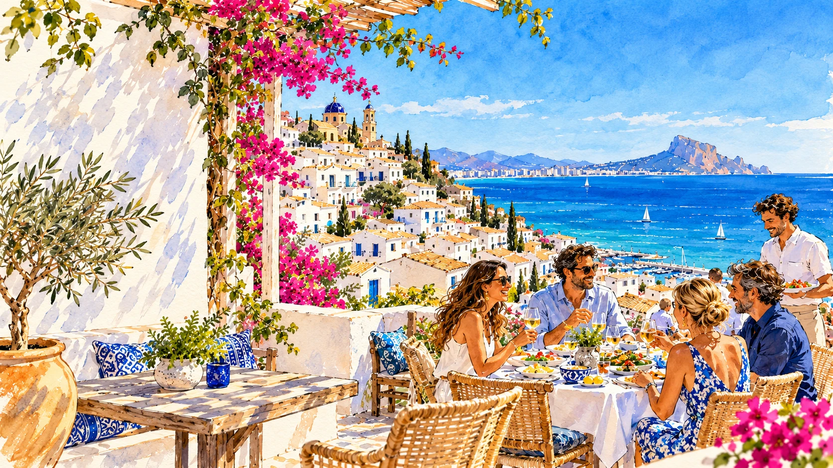 Ilustración de una terraza mediterránea con amigos compartiendo la mesa al sol; escena imaginada