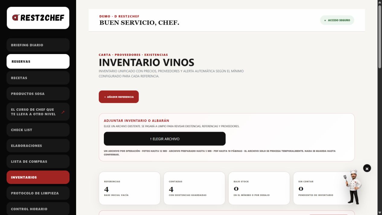 Captura real del inventario de vinos de D REST2CHEF