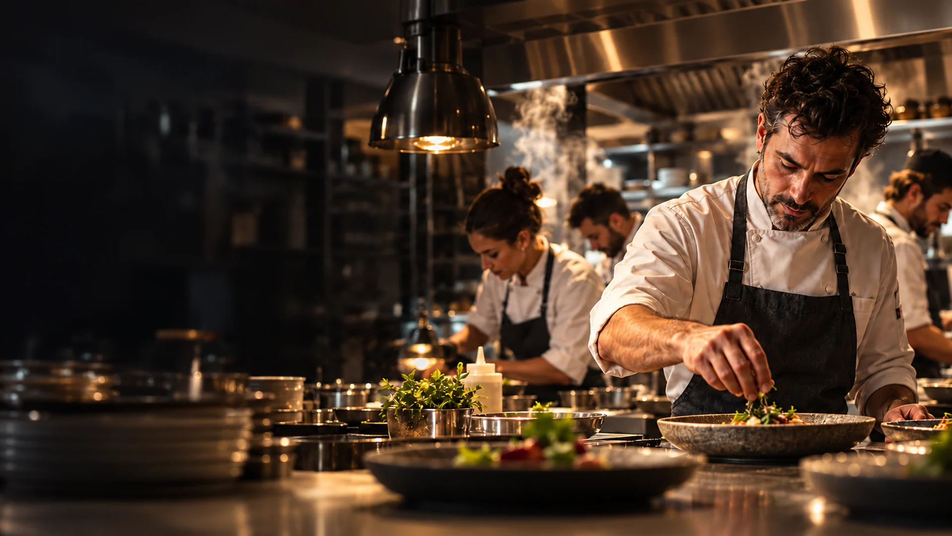 Escena creada con IA de un chef y su equipo preparando el servicio